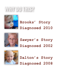 Why do this?  
￼
Brooks’ Story
Diagnosed 2010￼
Sawyer’s Story
Diagnosed 2002
￼
Dalton’s Story
Diagnosed 2008 